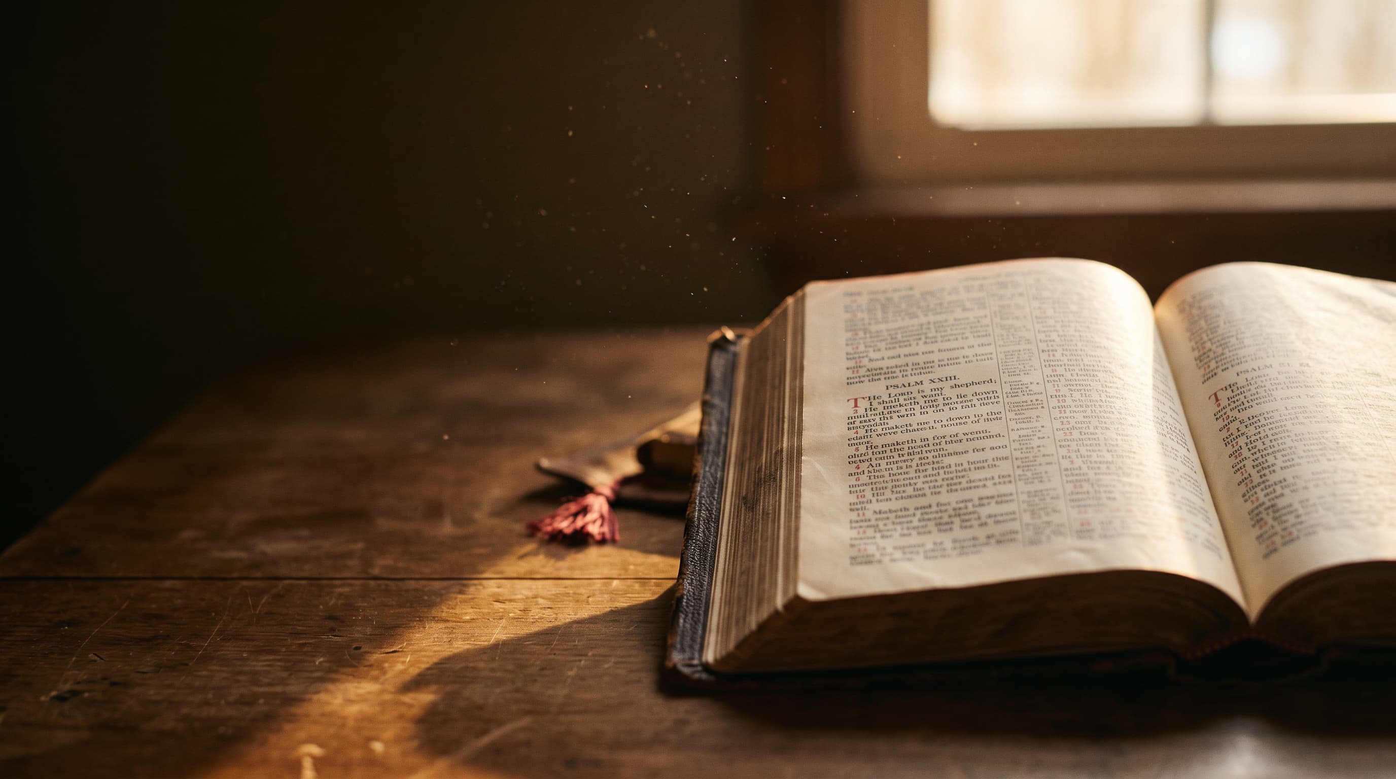 An open Bible resting on a wooden table, lit by warm window light